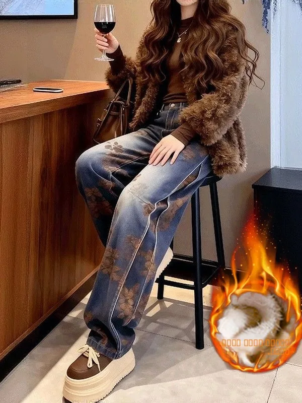 

Blue Fce Lined Thiened Straight Leg Jeans Women's Winter New Sle Casual High Waist Denim Pants Faionable Loose Fit