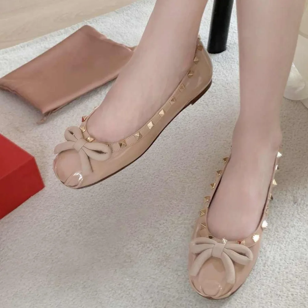 

NIGO Women's Fashionable Rivets Luxury Bow Flat Shoes Spring And Summer Elegant Sweet Comfortable Ballet Shoes #NGSH1545