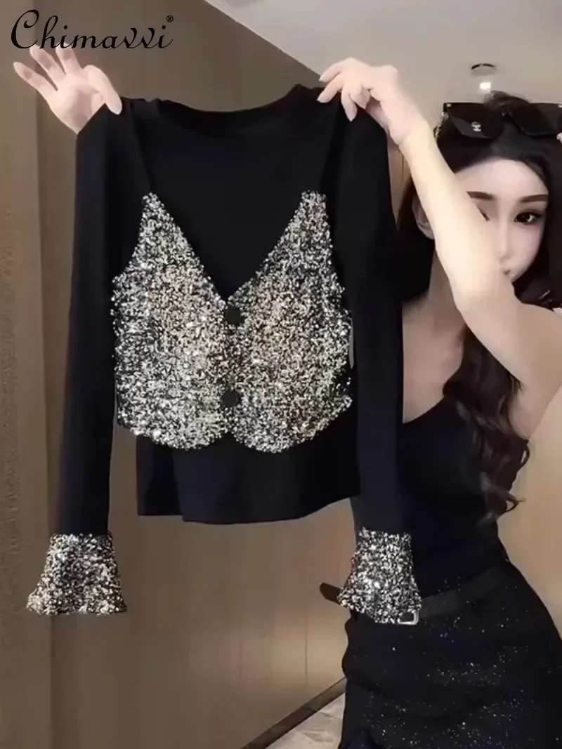 2024 Autumn Winter New European Temperament Heavy Industry Sequins Splicing Slim and Thin Fake Two-piece Velvet T-shirt Women