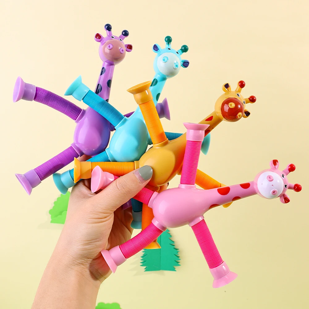 Creatieve Zuignap Giraffe Speelgoed Verwisselbare Cartoon Telescopische Buis Voor Kinderen Decompressie Speelgoed Baby Puzzel Pop Buis Knijp Speelgoed