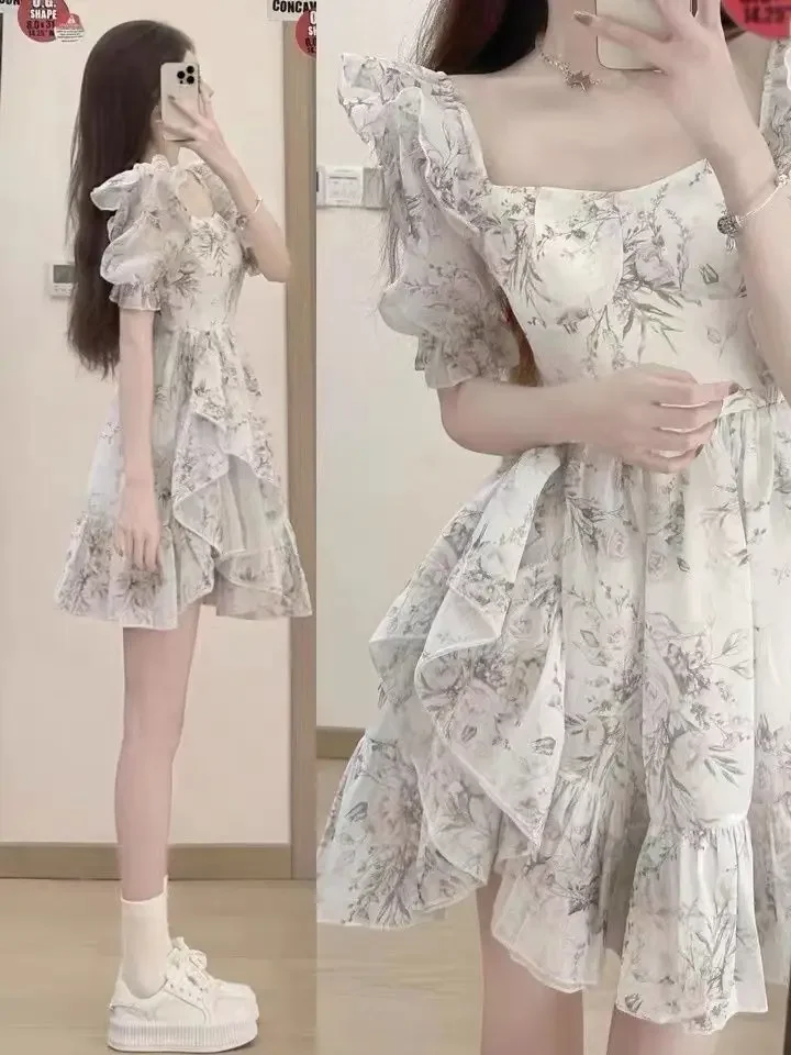 2025 프린트 꽃무늬 퍼프 슬리브 드레스 스퀘어 칼라 원숄더 반팔 스커트 2025 여성 의류 2025 프린트 꽃무늬 P