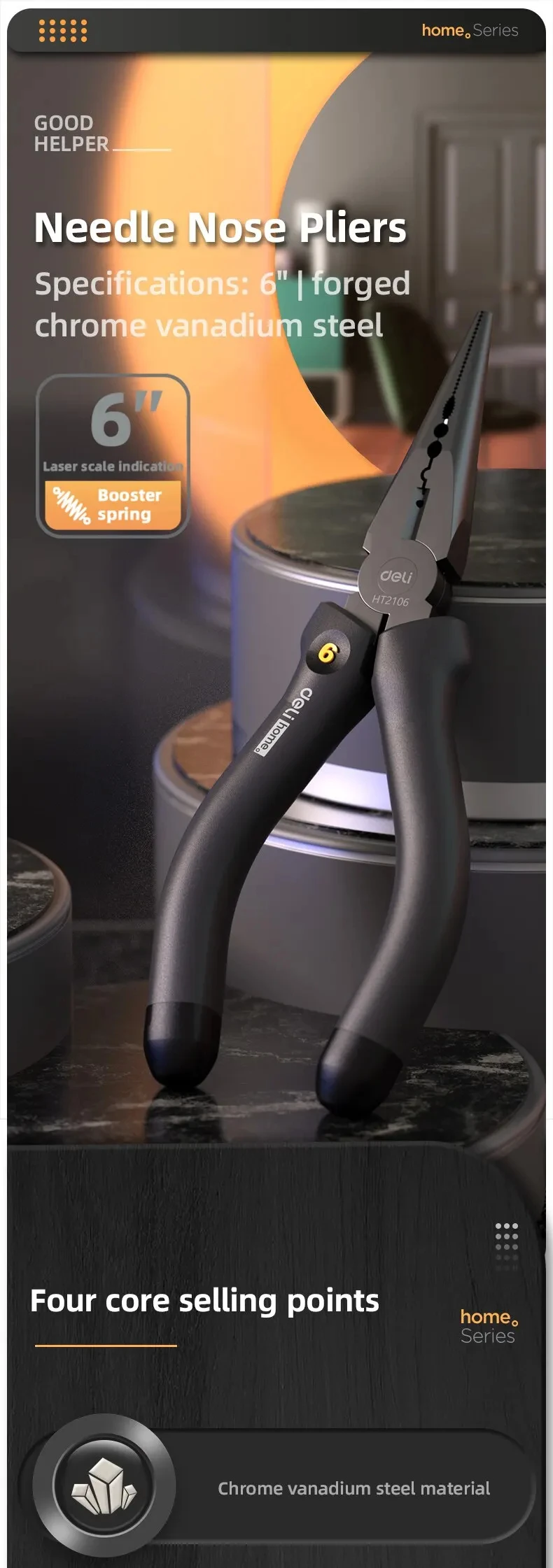 Deli 6 Zoll Multifunktions-Langspitzzange mit schwarzem Griff zum Schneiden, Klemmen und Abisolieren, Elektriker-Reparatur-Handwerkzeug – Detail 2