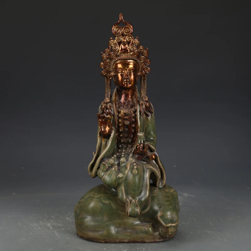 Rare Qing Dynasty Ancient Porcelain All Hand-carved Longquan kiln painted gold Buddha statue,Free shipping