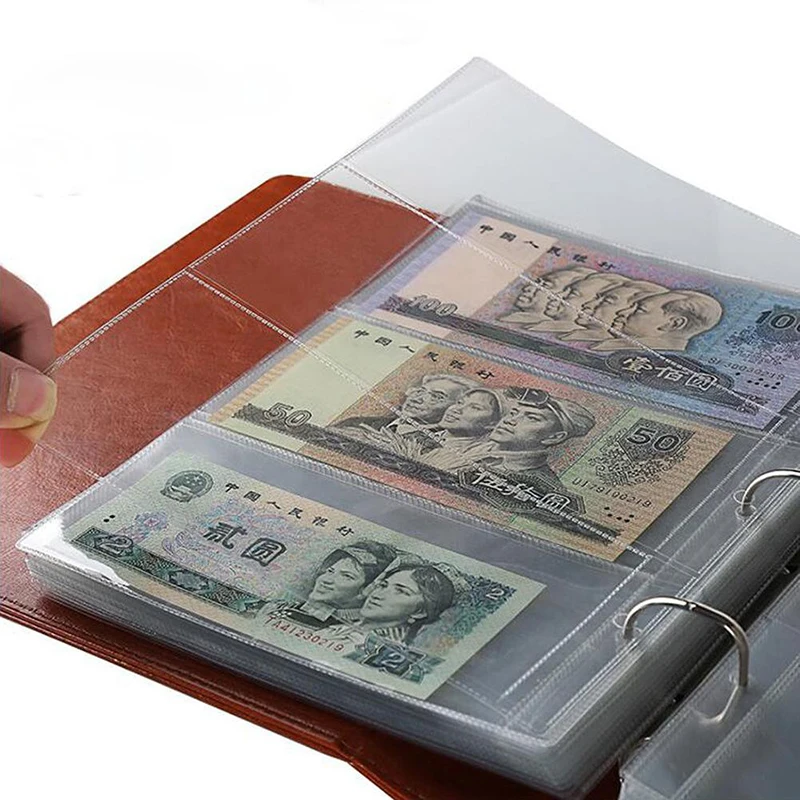 10PCS Loose Leaf Sheet 3-Slot Transparent Banknotes Holder Portable Paper Money Protective Bag Paper Money Collection Album