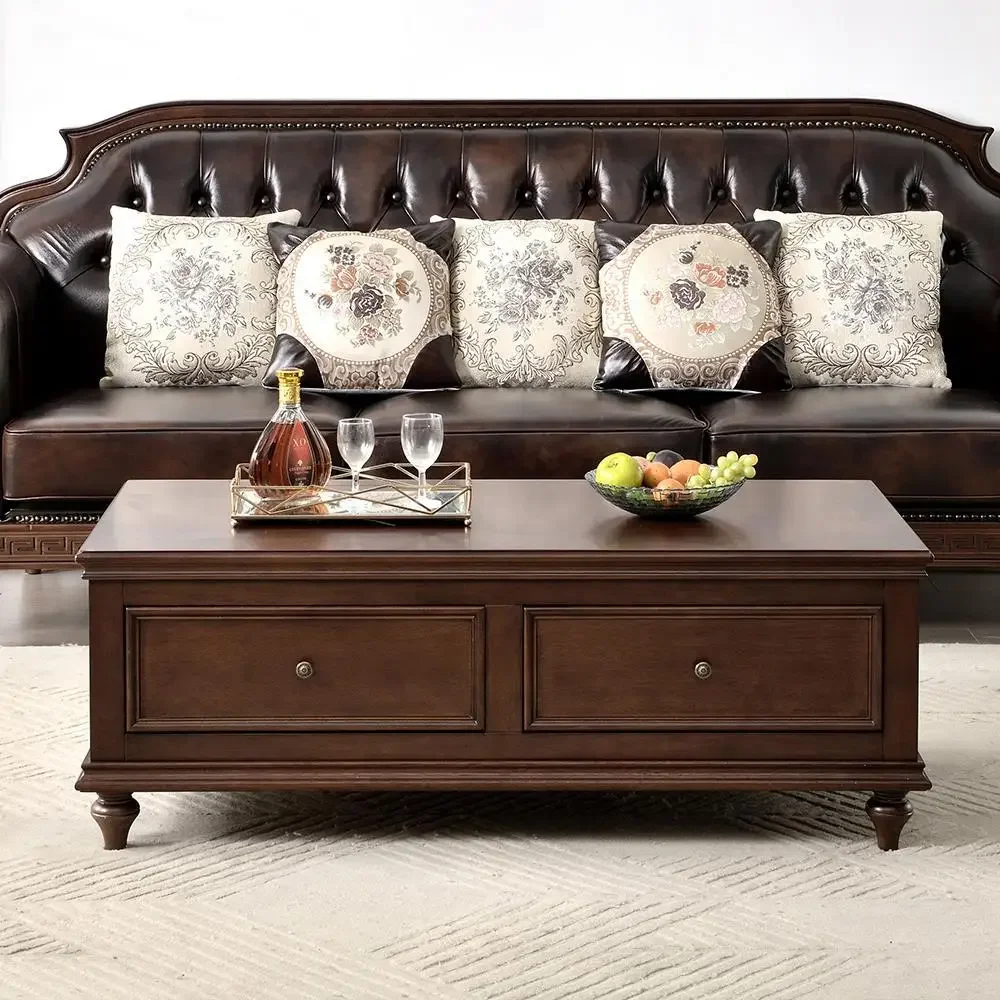 アメリカンカントリー風無垢材コーヒーテーブル、リビングルーム用の古いノスタルジックなアンティークデザイナー製引き出し付きコーヒーテーブル