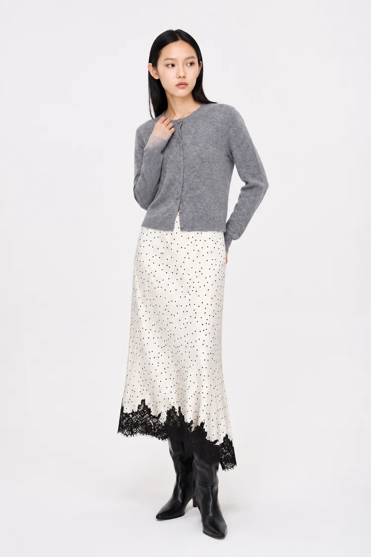 Women Off White Round Neck Knit Cardigan, Button Down Short Soft Sweater Outerwear