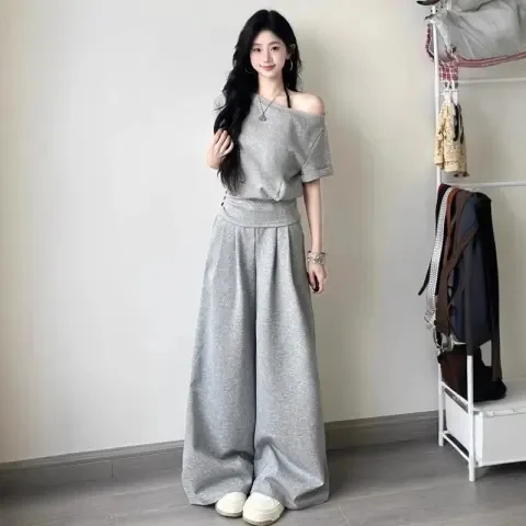

New Casual Sportswear Set Women's Waist-Cinching Shoulder-Baring Short Sleeve Top Wide Leg Pants Two-Piece Set Summer 2025