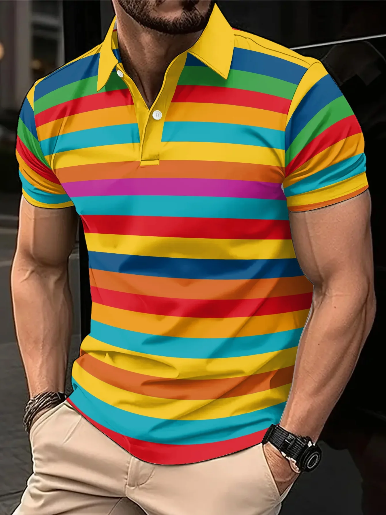 2026 Summer Best-selling Men's Simple Stripes Patterned Printed Short-Sleeved Polo Shirt for Outdoor Leisure and Fashion