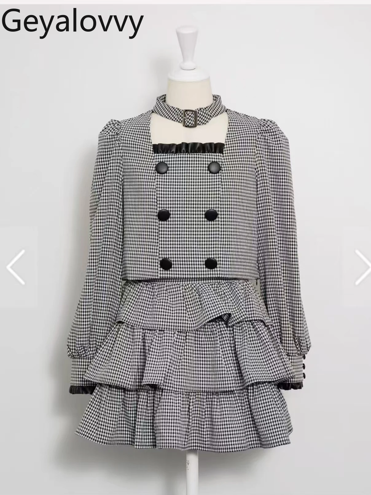 Japanese Sweet Cute Girls Double-Breasted Long-Sleeve Top and High-Waisted Mini Skirts Puffy Cake Short Skirt Two-Piece Set