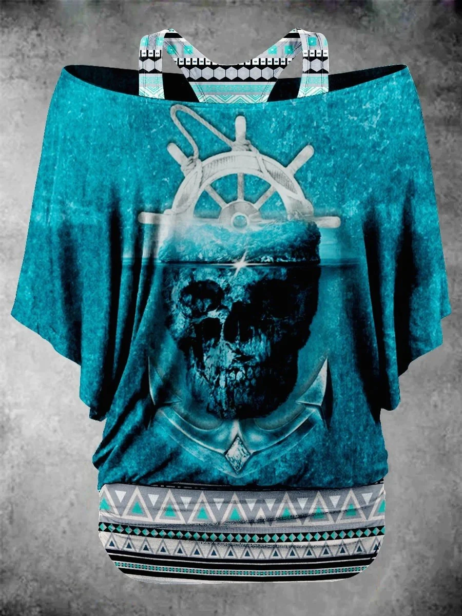 PLstar Cosmos 3D Printed Horror Skull Pattern Faux Two-Piece Top Women's Casual T-Shirt Harajuku Streetwear