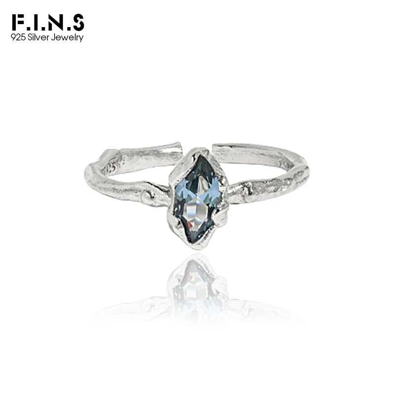 F.I.N.S Irregular Luxury Blue Zircon S925 Sterling Silver Open Ring Geometric Crystal Thin Line Finger Fashion Fine Jewelry