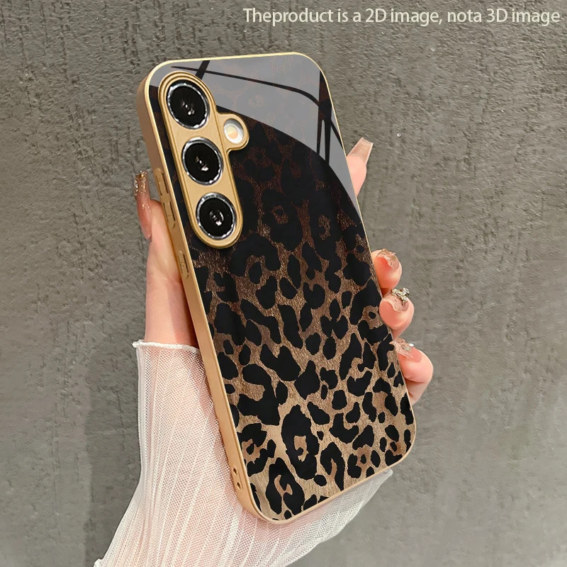 Retro Leopard Print 2D Phone Case for Samsung S26 S25 S24 S23 S22 S21 S20 A56 A36 A16 Gold Glass Protective Cover