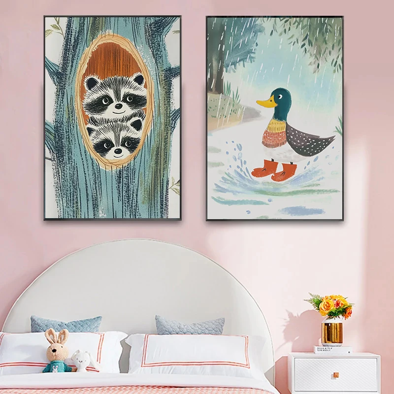 Clever Natural And Cute Colorful Cartoon Animal Art Posters Canvas Printing Daycare Homes Children's Rooms Wall Decor Painting