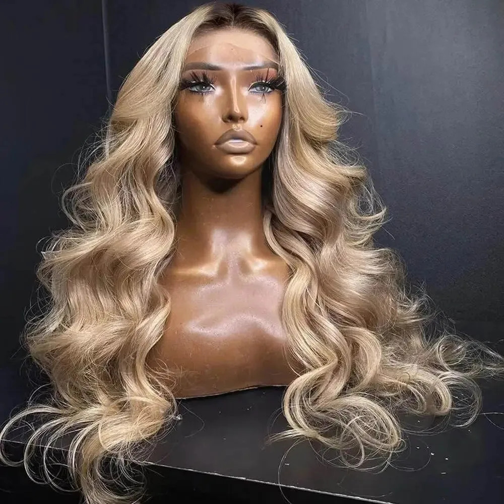180% Density Ombre Blonde 13x4 HD Lace Front Wigs 28 Inch Synthetic Medium Part Glueless Salon Hairpiece Prepluck Lace Wig Party