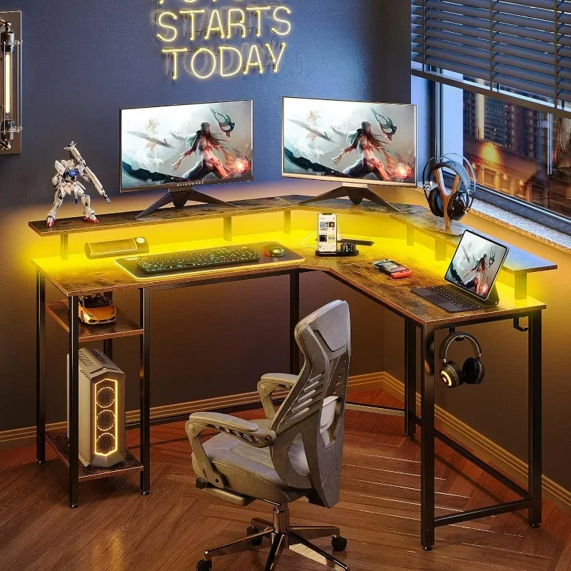 Mesa de jogos em forma de L Rolanstar com luzes LED e tomadas de energia, mesa de computador de 55,1\