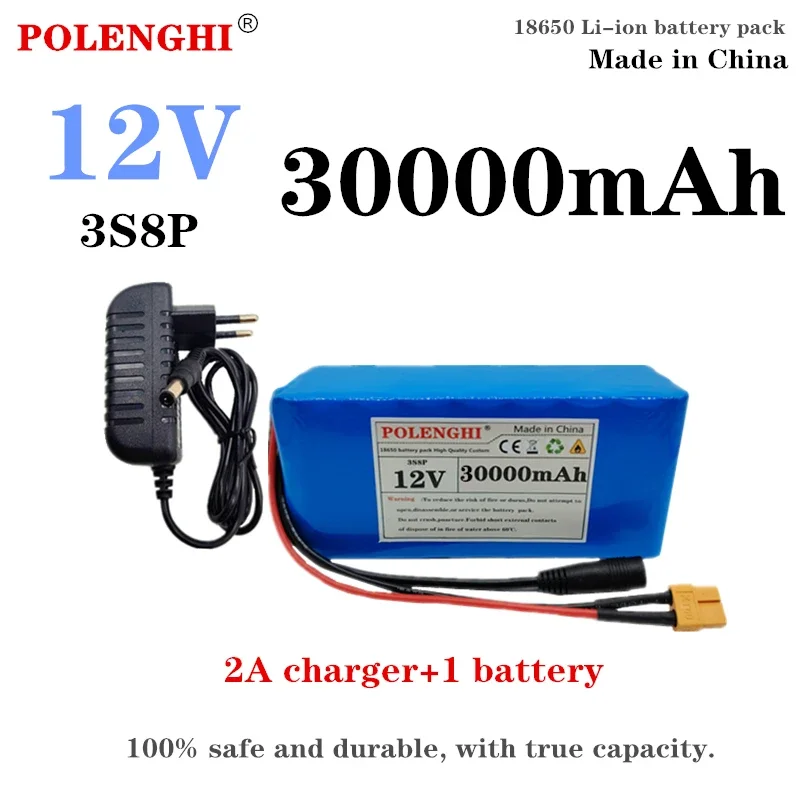 

100% true capacity XT-60 3S8P 12V 30000mAh 18650 rechargeable lithium battery pack with built-in BMS circuit protection board