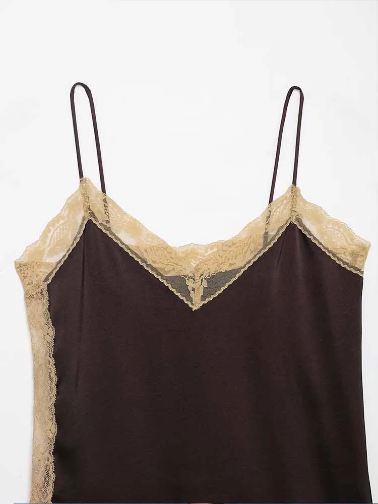 European and American style winter new fashion women's clothing casual versatile simple sleeveless silk satin lace top and skirt