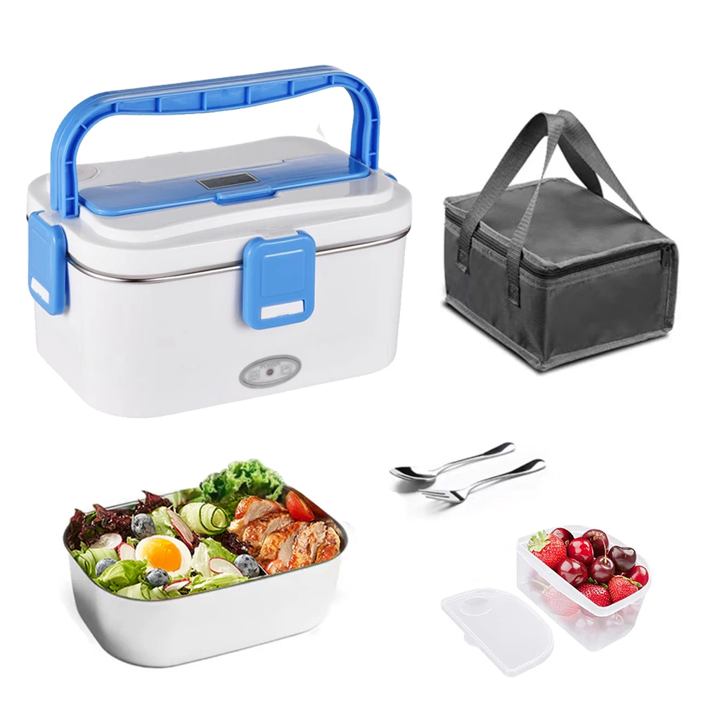 Heating Lunch Box 1.8L 60W Dual Power Supply Stainless Steel Liner Electric Heating Insulation Home Car with Spoon And Fork