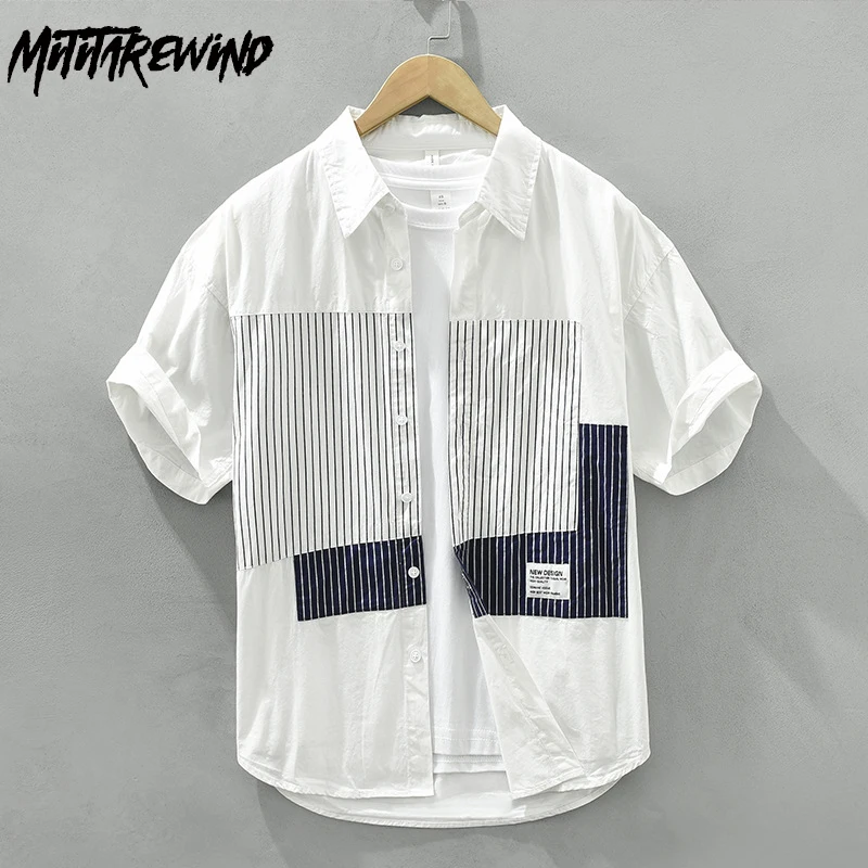 

Japanese Style Mens Short Sleeve Shirts Summer Daily Causal 100% Shirts Stripe Patchwork Shirt Loose Man Handsome Top Fashion