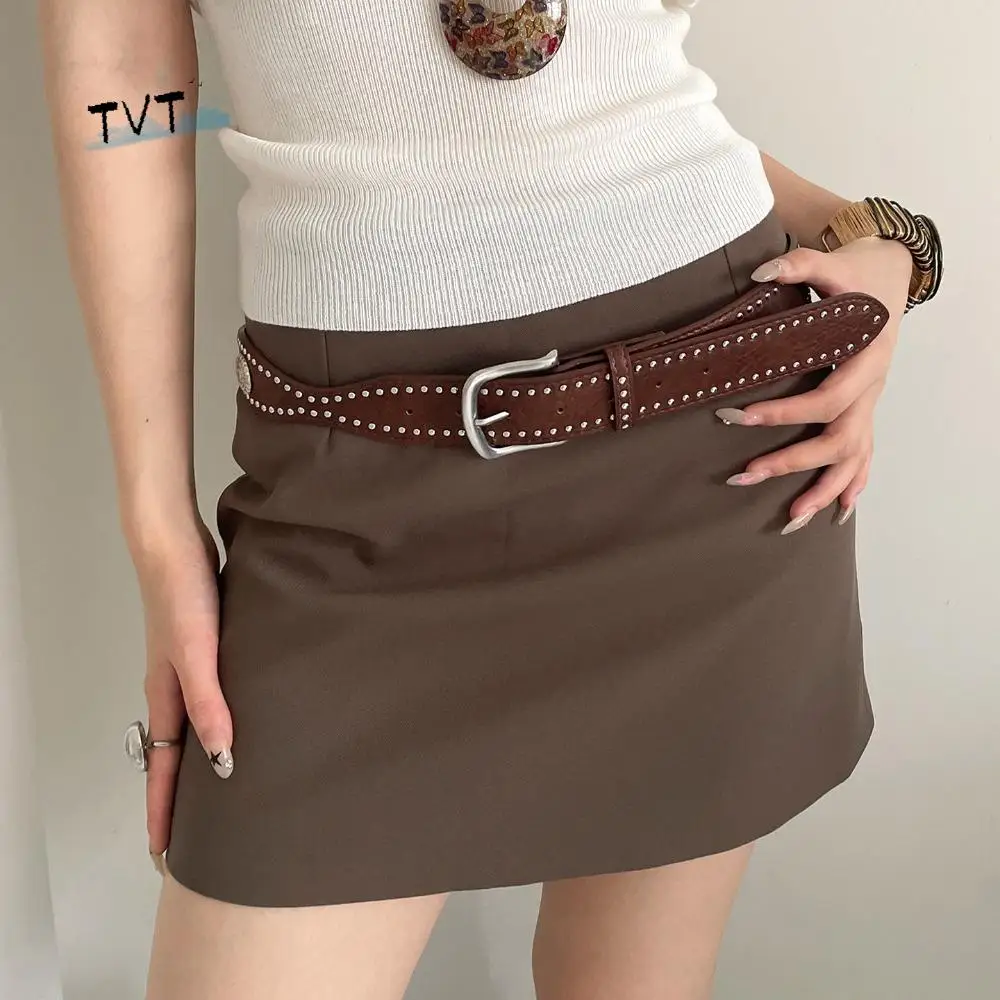 

Retro Maillard Women Rivet Belt Y2k Metal Buckle Wide Leather Waistband Vintage Jeans Girdle Cool Style Belt Pants Accessories