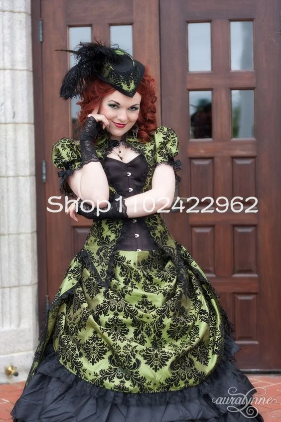 Olive Opulence Steampunk Vestidos De Noiva, Fada Puffy Shoulder Hoop Saias, Gothic Victorian Ruched Vestido De Noiva, Plus Size