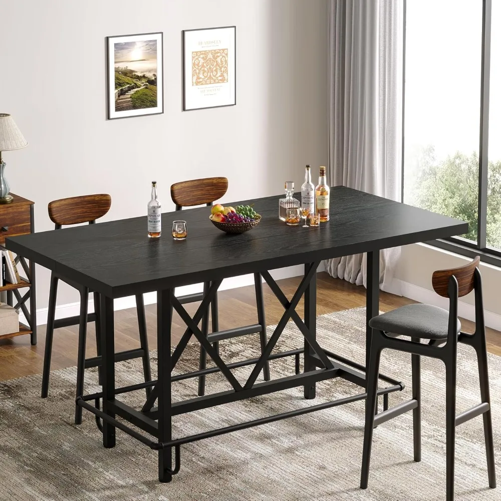 Bar Table, Industrial Counter Height Pub Table with Metal Footrest, 63-Inch Rectangle Wood Kitchen Dining Table with