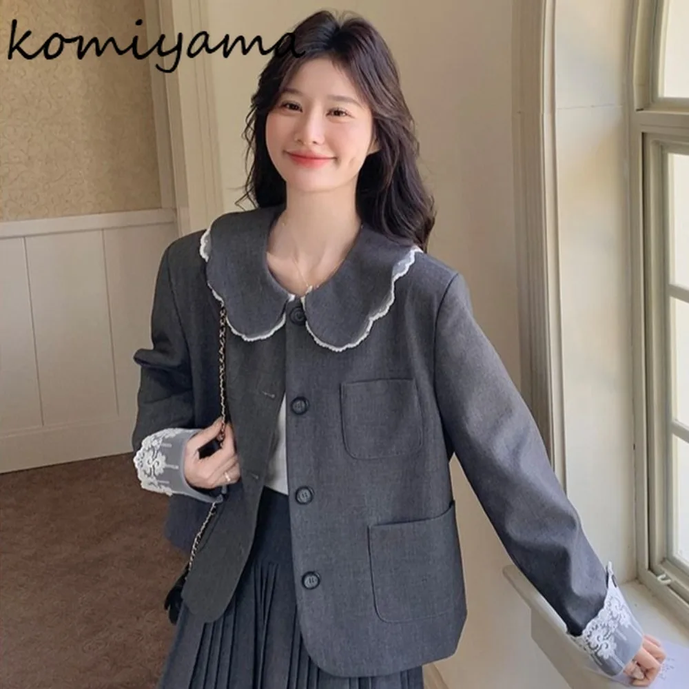 

Peter Pan Collar 2025 Chaquetas De Mujer Hit Color Lace Spliced Jacket Long Sleeve Jackets Autumn New Outerwears Woman Clothing
