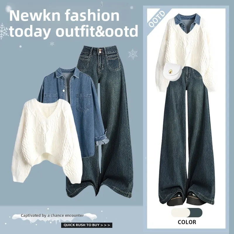 

Fall Winter Denim Jacket Set Women's Hole Design Loose Sweater High Waist Slimming Jeans Three Piece Set Fashionable Streetwear