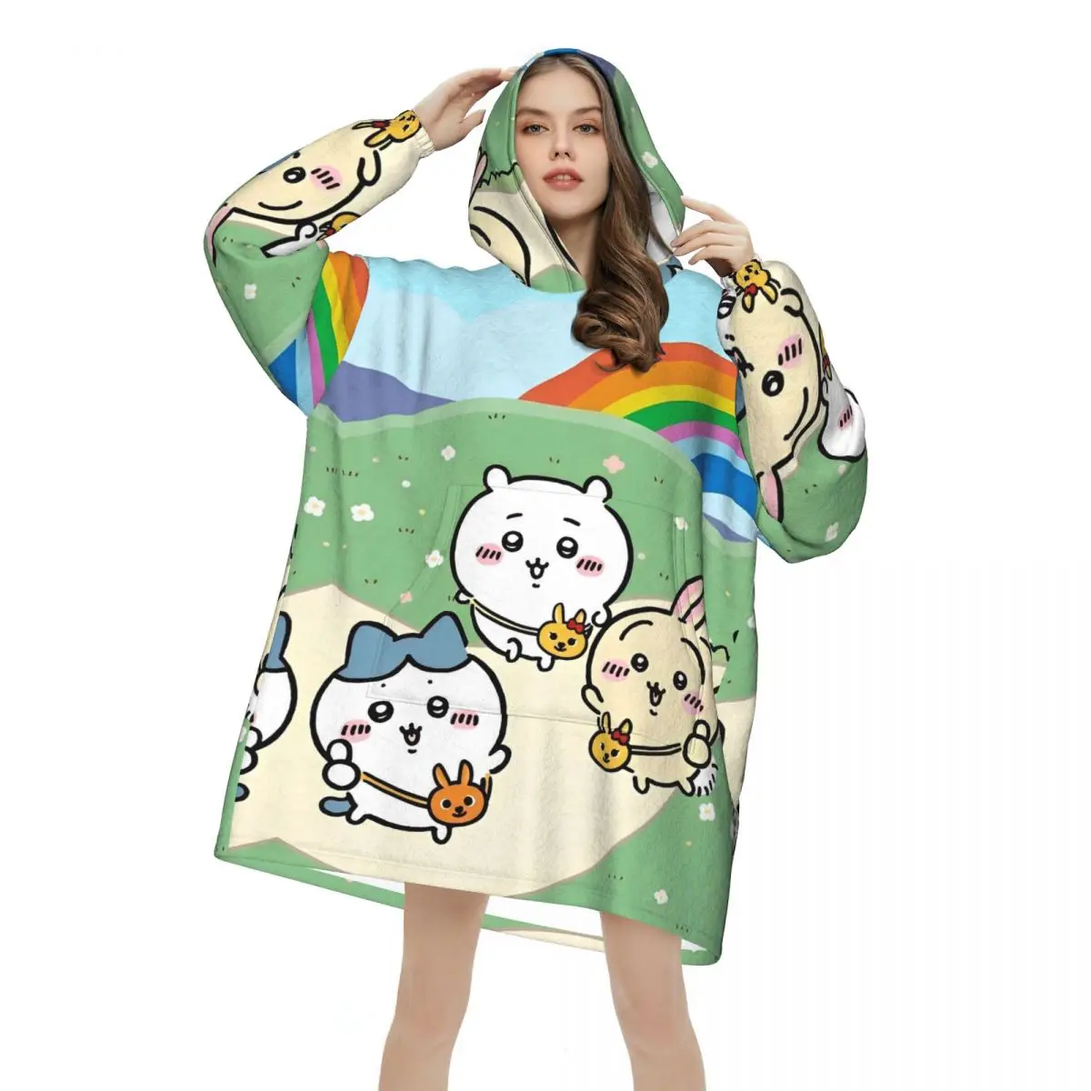 

Chiikawa Cartoon Cute Blanket Hoodie Oversized Wearable Sweatshirt Blanket Warm Gifts for Women Girls Girlfriend