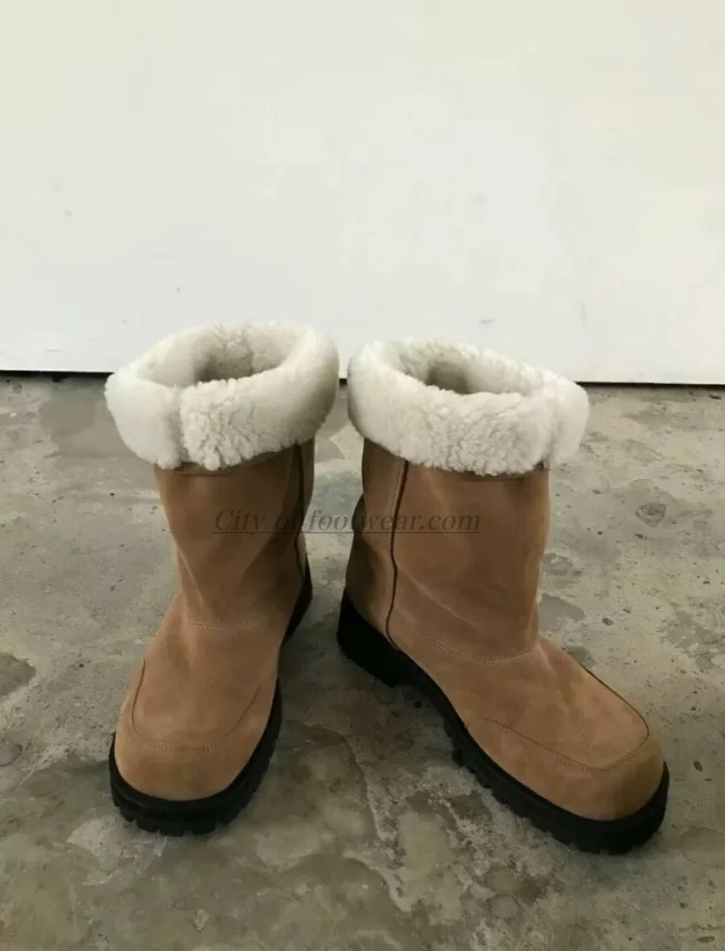 

Women's winter new in warm fur brown snow boots flats big round toe suede mid calf boots luxury designer soft shoes