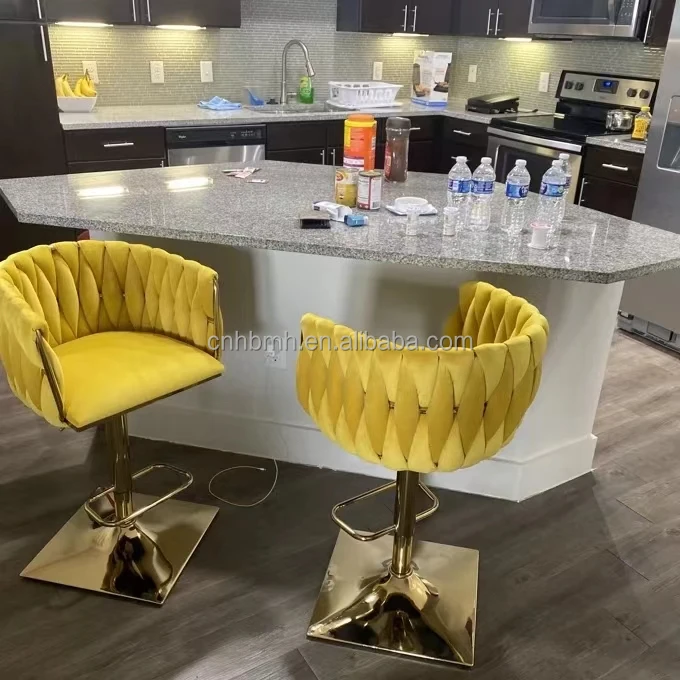 

Nordic Style Gold Metal Counter Bar Chair With Swivel Leather Contemporary Luxury Kitchen Stool For Dining High Velvet Seat
