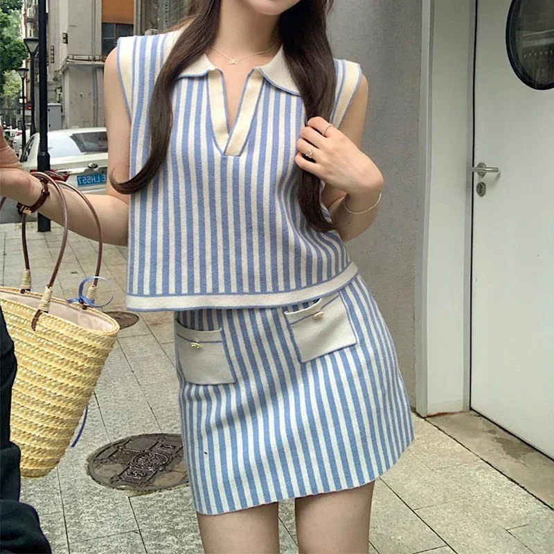 Women Summer Preppy Style New Stripe Knit Set Turn-down Collar Tank Top High Waist Elastic Band Pocket Button A-line Short Skirt