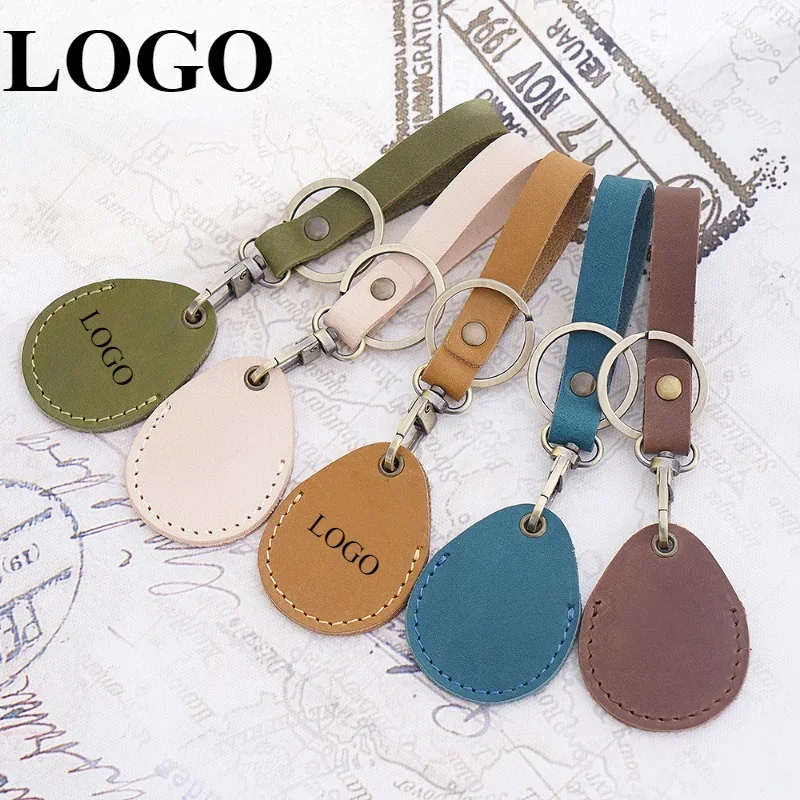 Custom Logo Crazy Horse Genuine Leather Keychain Laser Engraved Vintage Door Access Card Holder Key Chain for Airtag Keyring