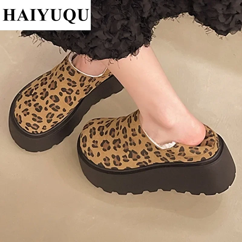 Botines de tacón alto con plataforma para Mujer, zapatos de leopardo, Botas cortas de felpa cálidas, mocasines informales, invierno, 2025