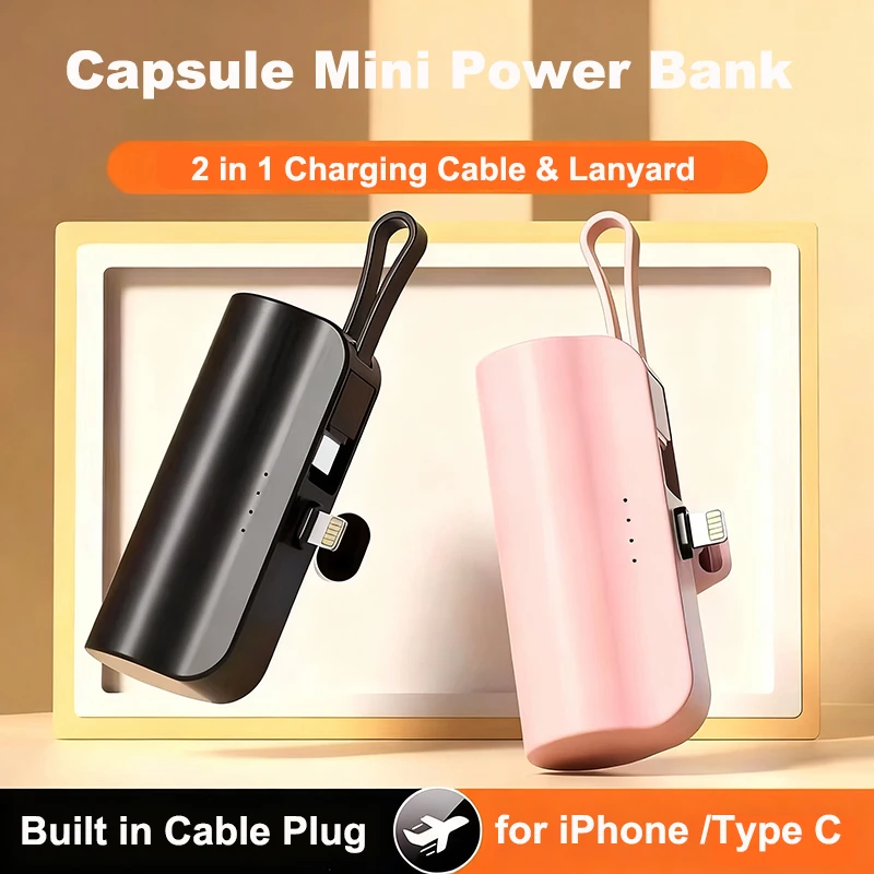 

Mini Capsule Power Bank 5000 mAh with Cable Plug for iPhone Type C Powerbank External Battery Charger for Samsung Huawei Xiaomi