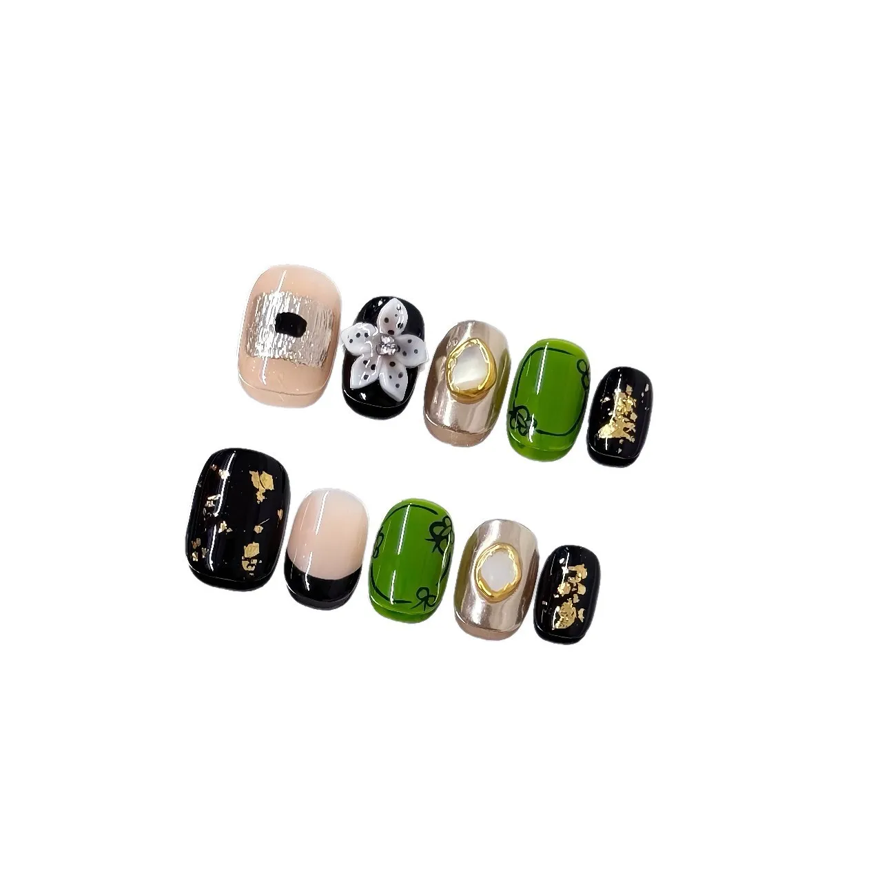 

10pcs Dark Green Gold Foil Handmade Press on Nails 3D Pearl Floral Vintage False Nail Short Square-Round Removable Wearable Nail