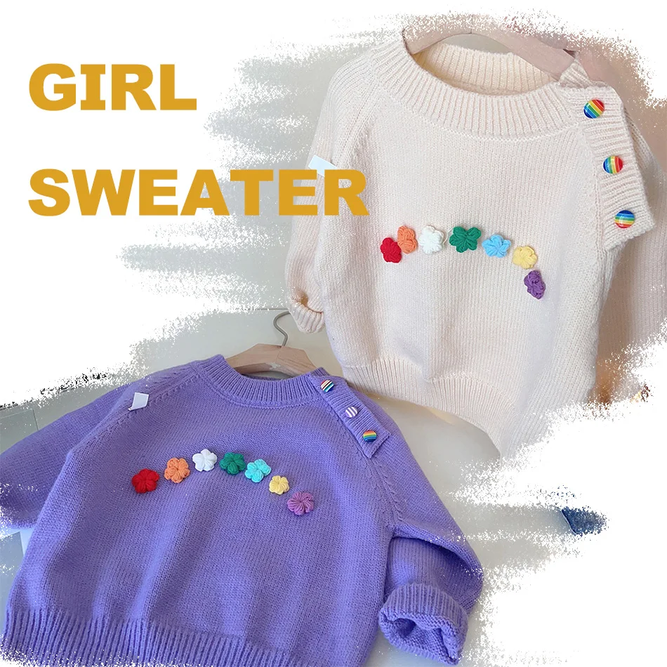 

Свитер с цветочным принтом для девочек, осенне-зимняя коллекция 2024, милый трикотаж с круглым вырезом для маленьких девочек, детский однотонный базовый слой, топ