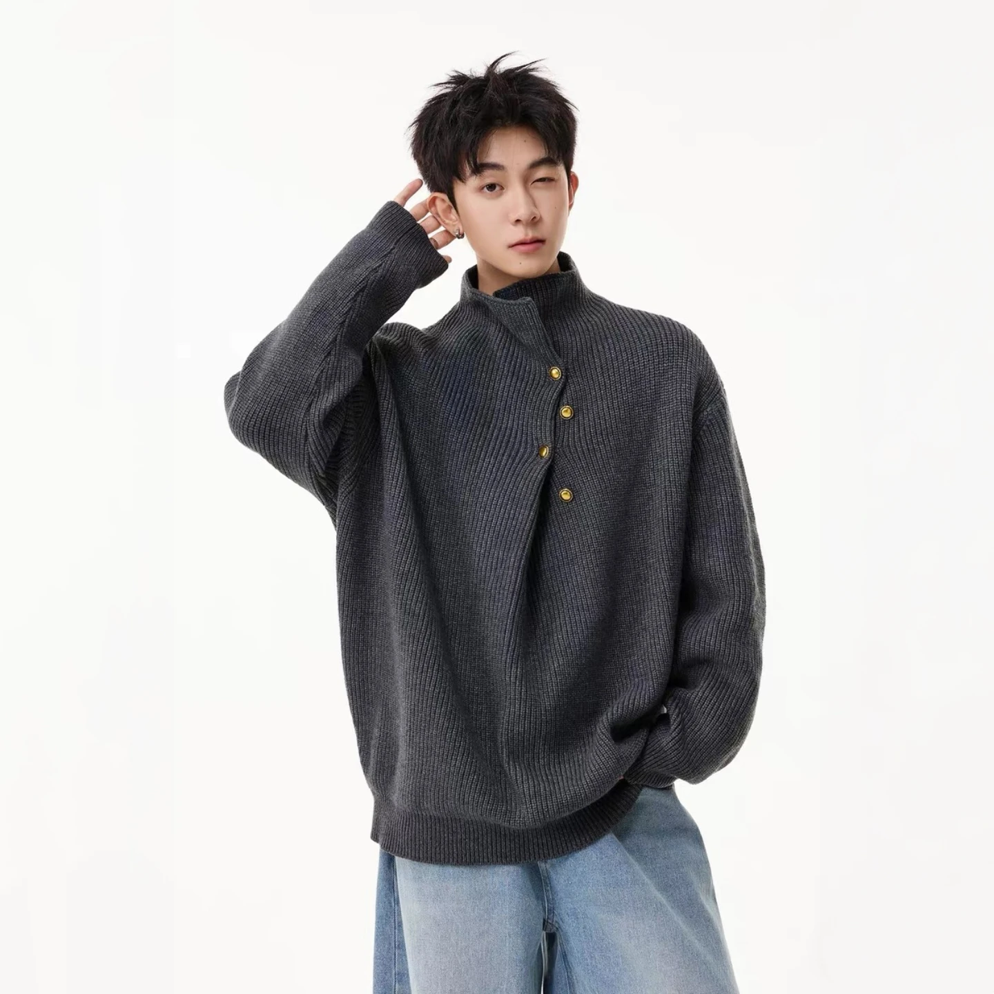 

Casual Knitted Sweater f High Collar Irregular Button Design ex Autumn Winter Faion Brand Cleanfit Leisure Sweater