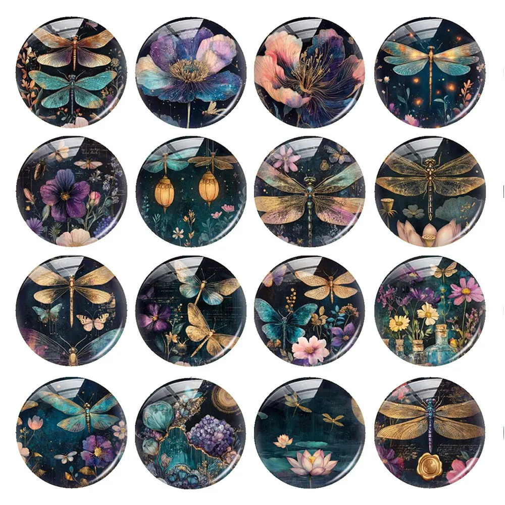 Random Mixed Round/Oval/Square Dark Teal Dragonfly Floral Flower Photo Glass Cabochon Flatback Demo Cameo For Diy Jewelry Making