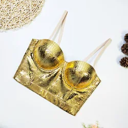 New 2024 Sexy Vest PU Leather Corset Women Short Tops Golden Party Night Club Bustier Push-up Bra Strap Crop Top Vintage 42915