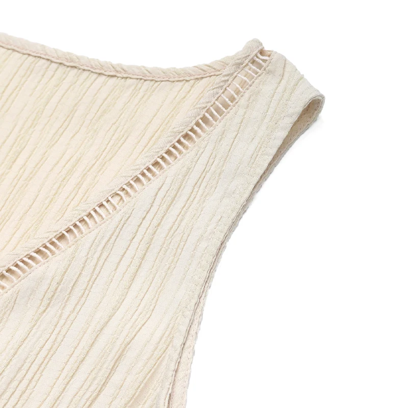 فستان نسائي أبيض بدون أكمام مزين بأزرار وربطة خصر وكشكشة متدرجة فستان كاجوال بوهو للعطلات الصيفية يوميًا #3