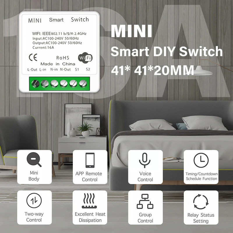 16/10A Mini Tuya Wifi Smart Switch 2-Way DIY Switches SmartLife App Timer Module Voice Control Support Alexa Google Home