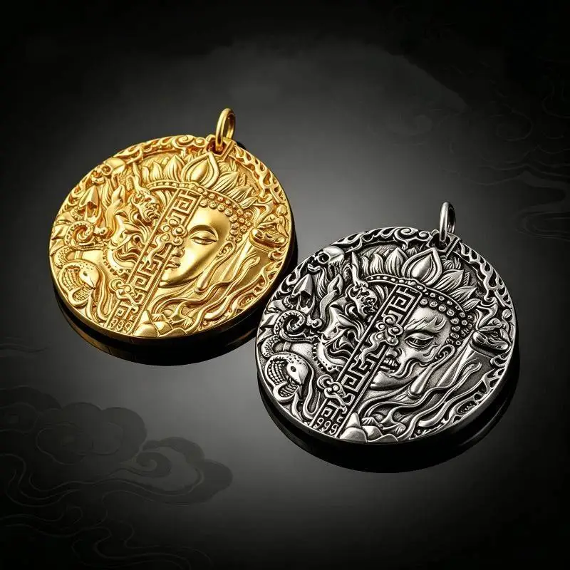 Gold Plated Zinc Alloy Half Demon Pendant Necklace Carved Sturdy Chain Daily Wear Spiritual Jewelry Gift