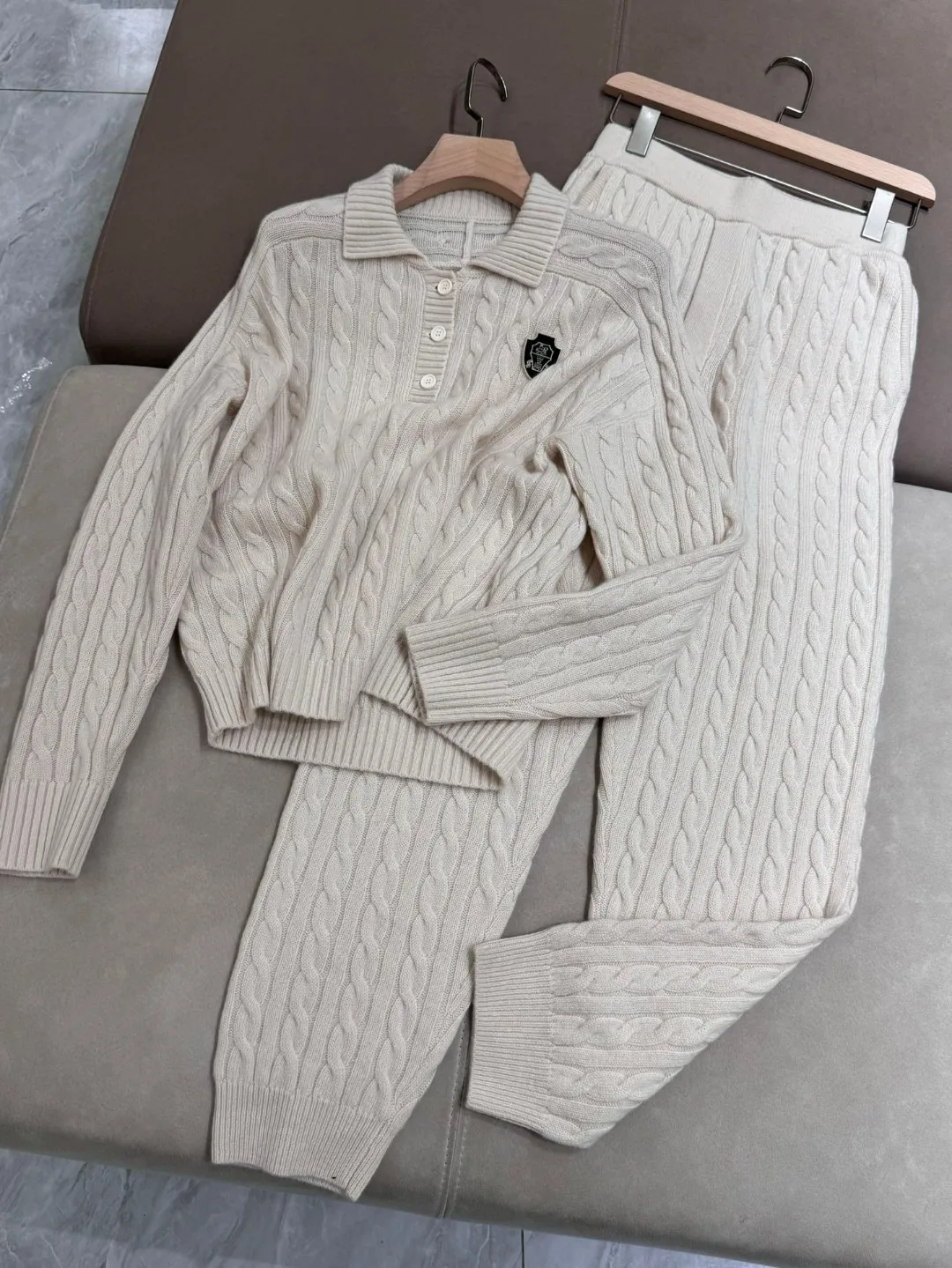 Autumn casual solid color twisted knitted 100% cashmere set of clothes