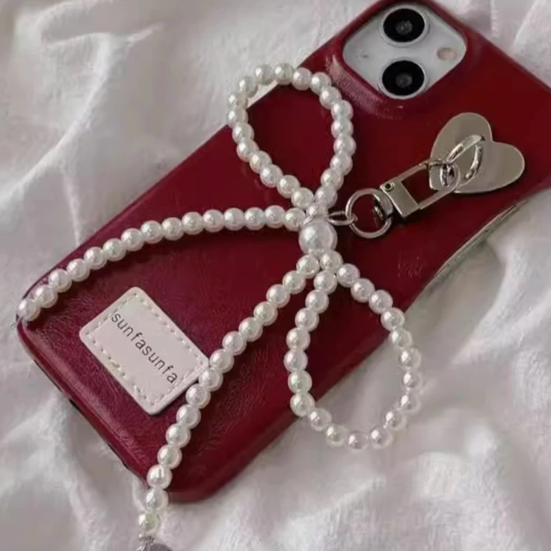 Korean Sweet Pearl Bow Phone Charm Pendant Keychain for Bag IPhone Samsung Accessories Women Girl Strap Lanyard Pendant Decor