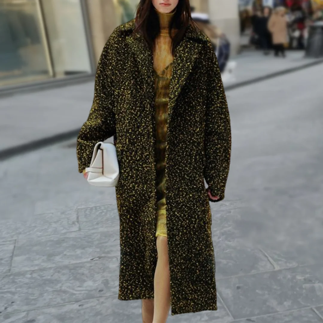 Casual Street Women Coats Trench Woolen X-Long Sequin Coats Glitter Pocketed Women\'s Trench Overcoat Outerwear Winter S-3XL