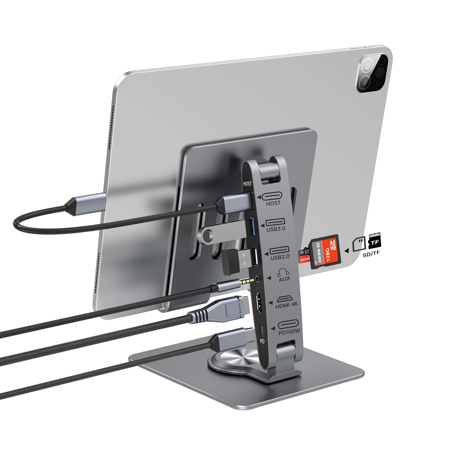 2025 Factory Price Laptop Stand 7 in 1 Hub Adjus Aluminum Alloy 2*Usb 1*Host 1* 1*o 1*Tf/Sd 1*Pd 100 w Function