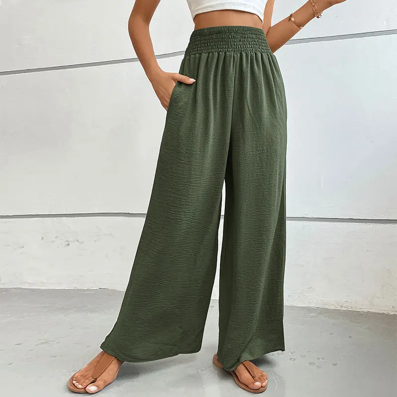 Casual Trousers Summer New Style for Women's Texture and Elastic Waist Wide-leg Pants