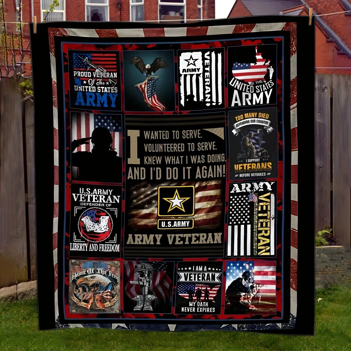US Army Veteran Tribute Quilt Flag Patriotic Decor Military Gift Home Wall Hanging Memorial Blanket Honor Service Hero