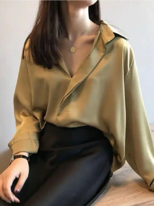 

Shirt women's 2024 spring and summer design sense niche light mature solid color drape top Long sleeved Lapel collar BS2Q